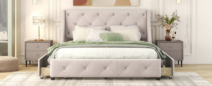 Upholstered Platform Bed with Wingback Tufted Headboard and 4 Drawers, Beige
