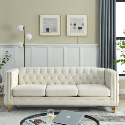 Kate Velvet Upholstered Sofa, Beige Velvet