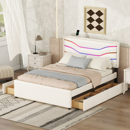 Retro Upholstered Storage Platform Bed with LED, 4 Drawers and USB Charging, White