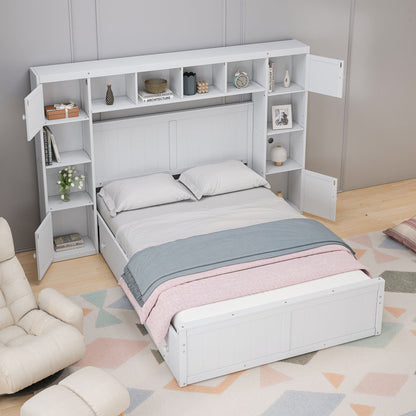 Elegant and Functional Bed with 4 Drawers and All-in-One Cabinet and Shelf, White