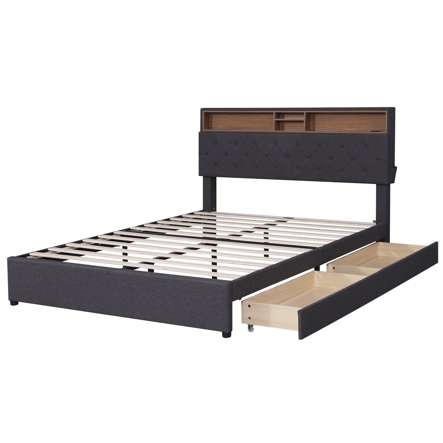 upholstered platform bed with storage headboard, led, usb charging and 2 drawers