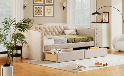 Kim Upholstered Bed with Drawers, Beige