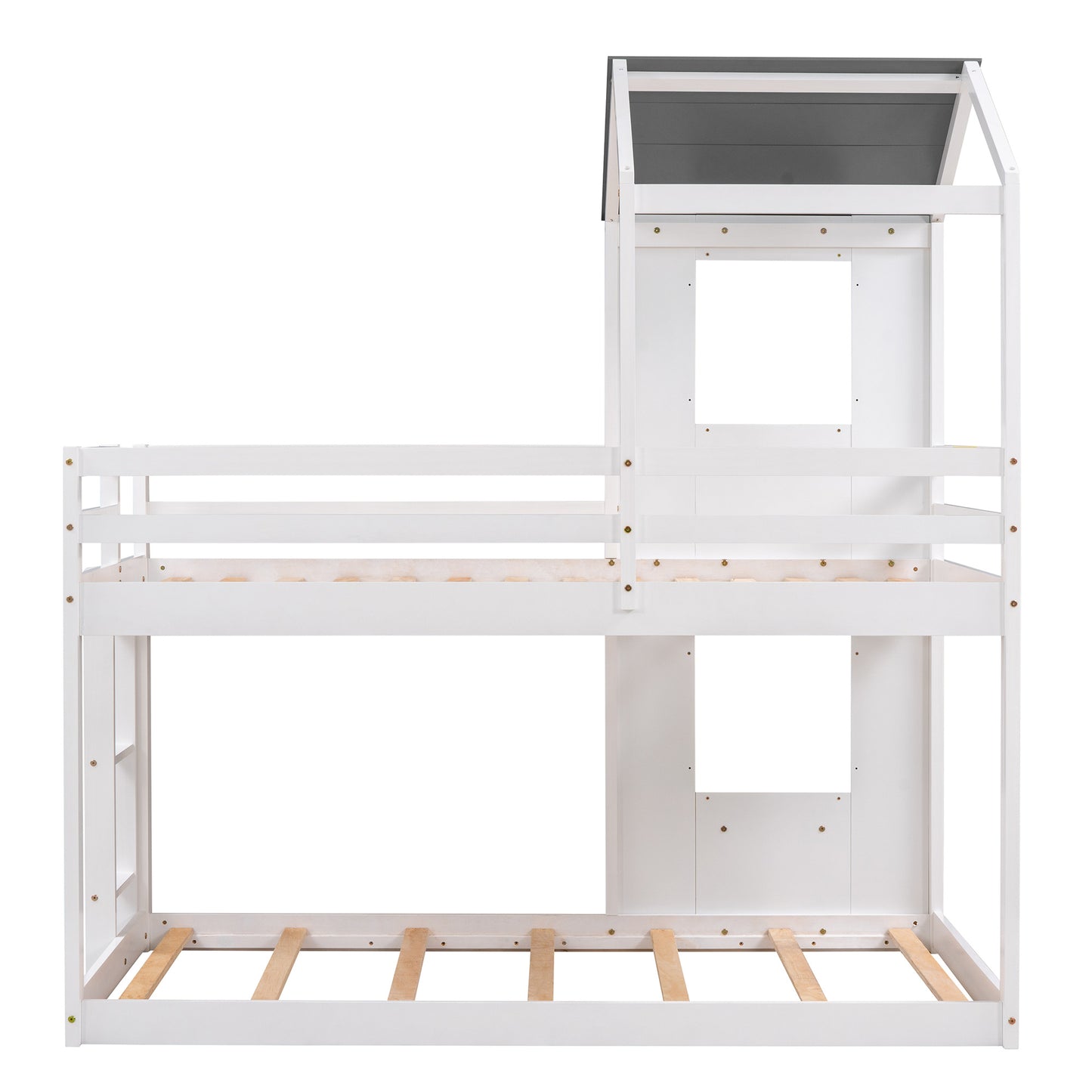 twin over twin bunk bed wood bed with roof, window, guardrail, and ladder