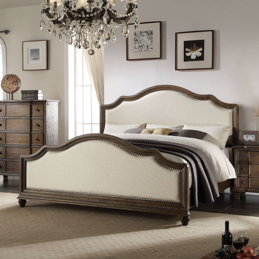 ACME Baudouin Queen Bed in Beige Linen & Weathered Oak