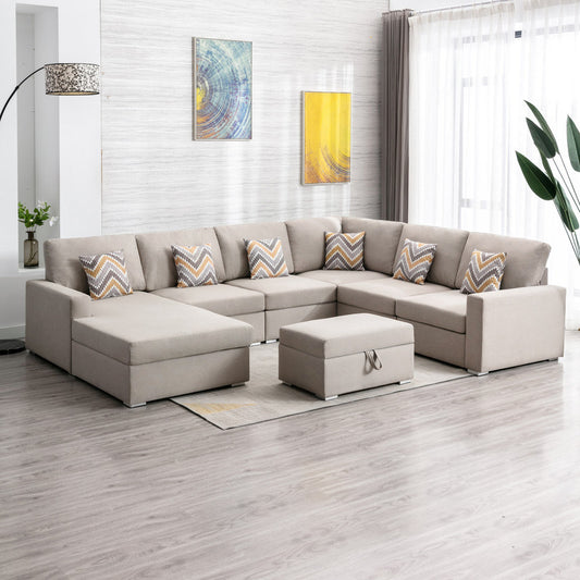 Nolan 7Pc Reversible Chaise Sectional Sofa with Interchangeable Legs, 6 Pillows and Storage Ottoman