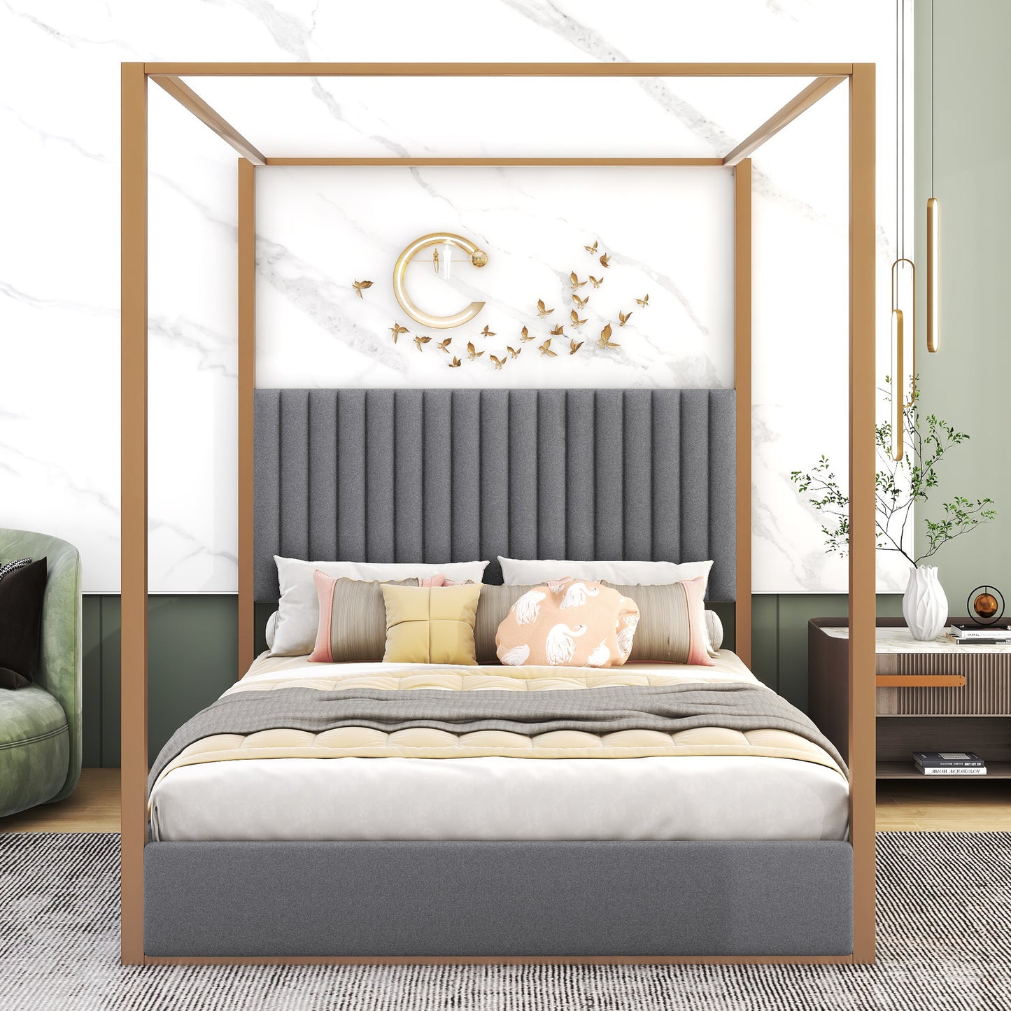 upholstery canopy platform bed with headboard and metal frame, gray
