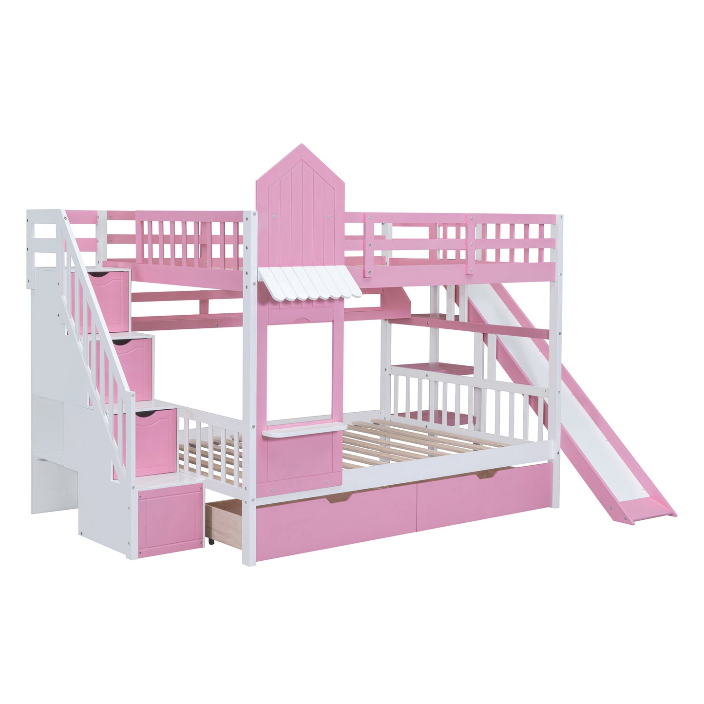 full-over-full castle style bunk bed with 2 drawers 3 shelves and slide - pink