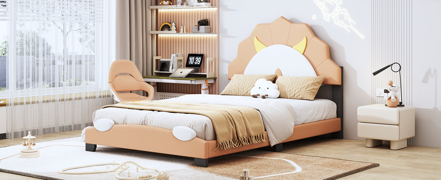 upholstered leather platform bed with lion-shaped headboard, brown