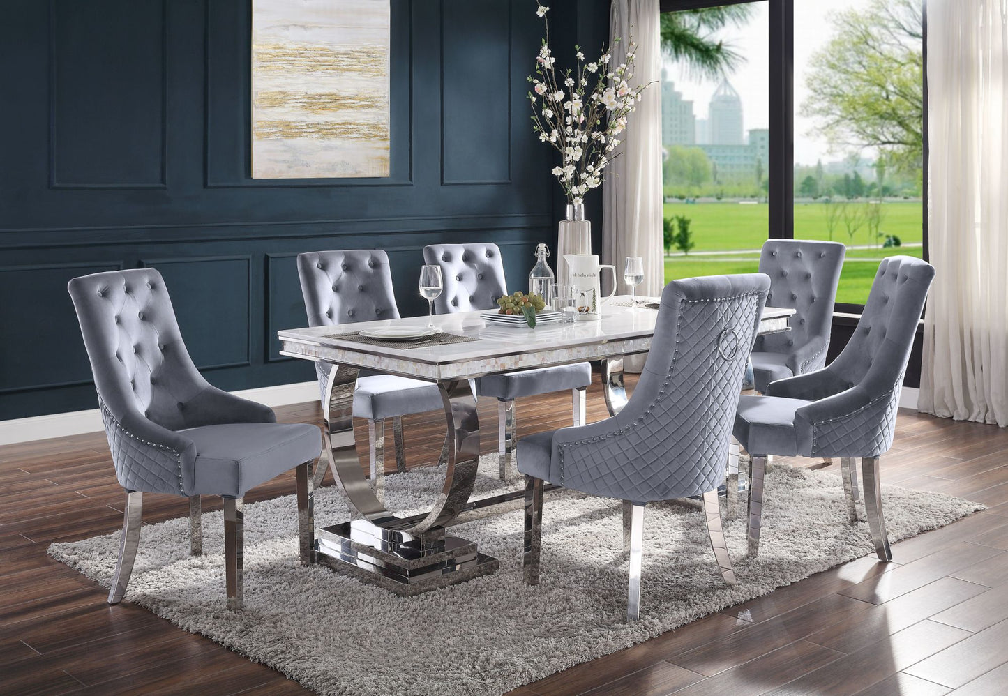 acme zander dining table, white printed faux marble & mirrored silver finish