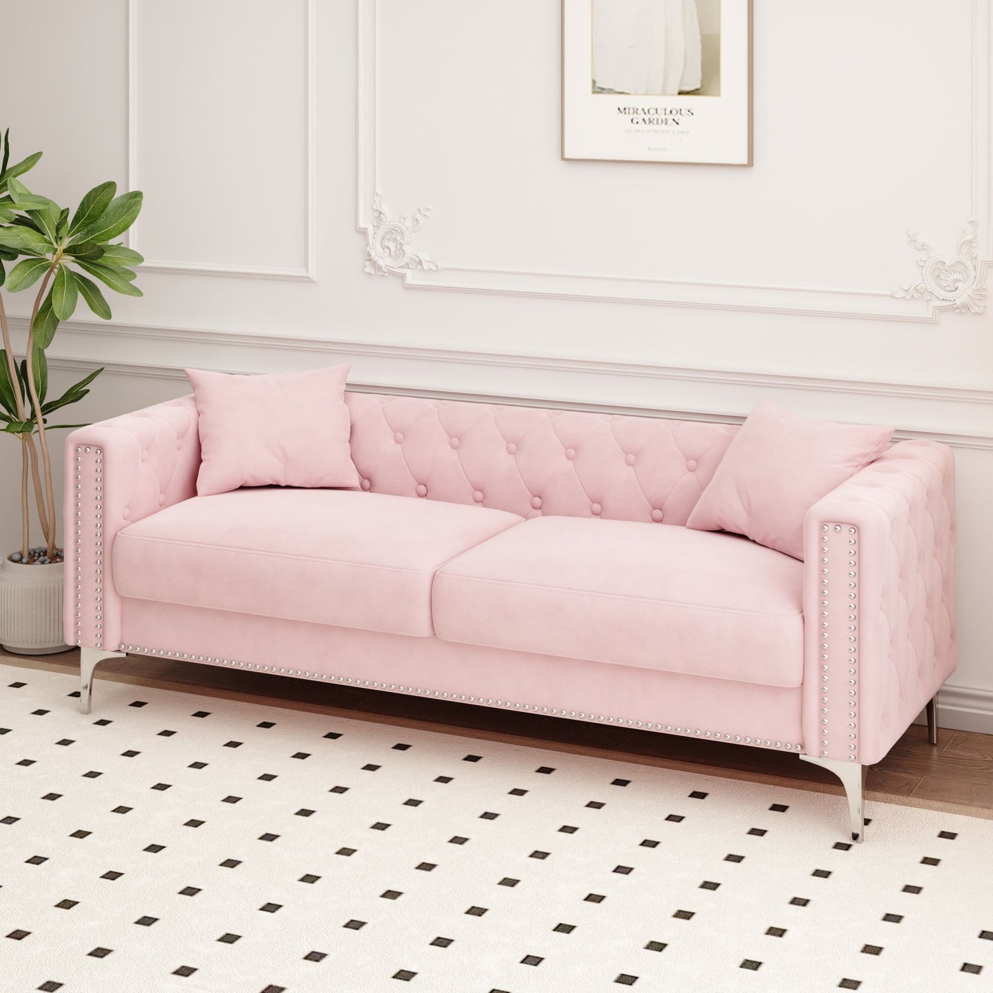 morgan sofa includes 2 pillows, pink velvet