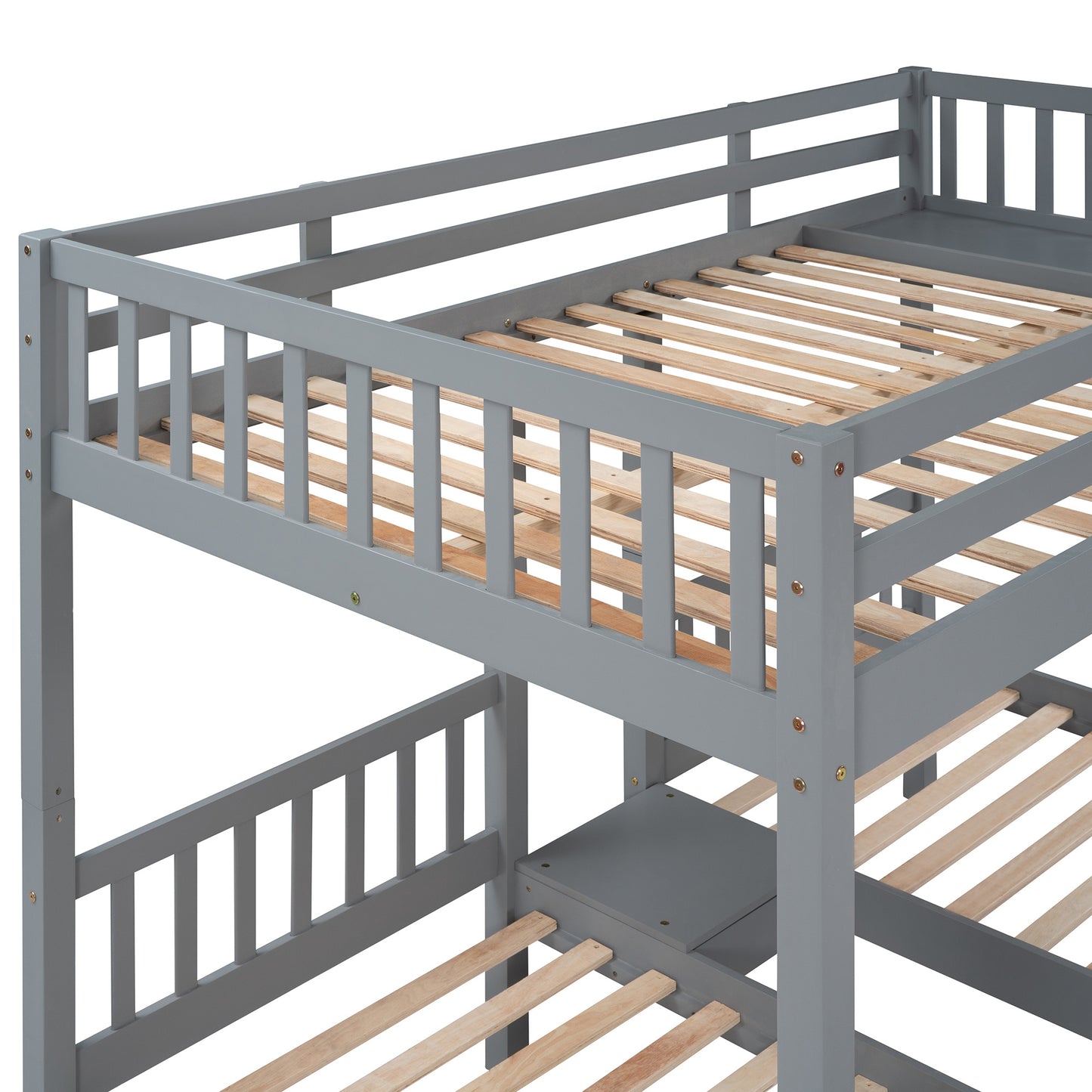 triple bunk bed with drawers and guardrails, gray