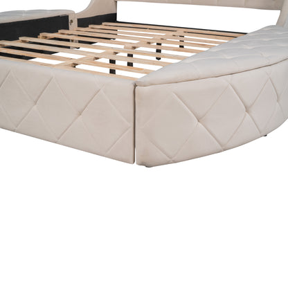 Upholstered Velvet Platform Bed with Wingback Headboard and 1 Big Drawer; 2 Side Storage Stool