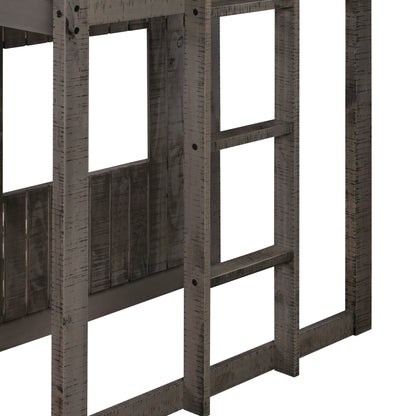 Loft Bed with Playhouse, Farmhouse, Ladder and Guardrails , Antique Gray