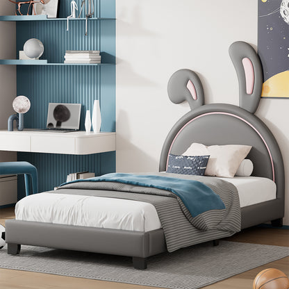 Upholstered Leather Platform Bed with Rabbit Ornament, Gray