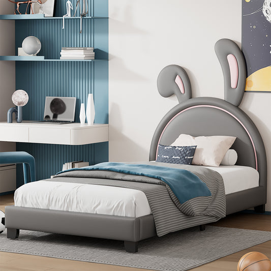 Upholstered Leather Platform Bed with Rabbit Ornament, Gray