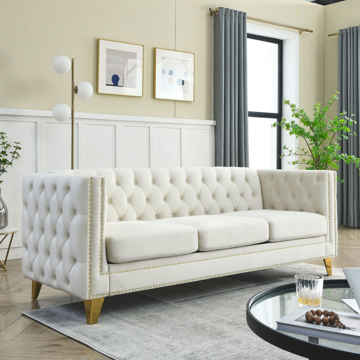 kate velvet upholstered sofa, beige velvet