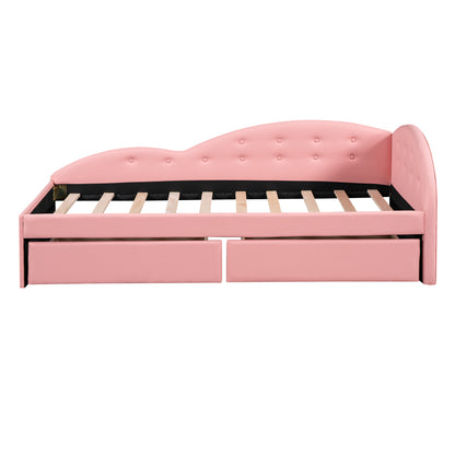 Upholstered Tufted Bed with Two Drawers and Cloud Shaped Guardrail, Pink