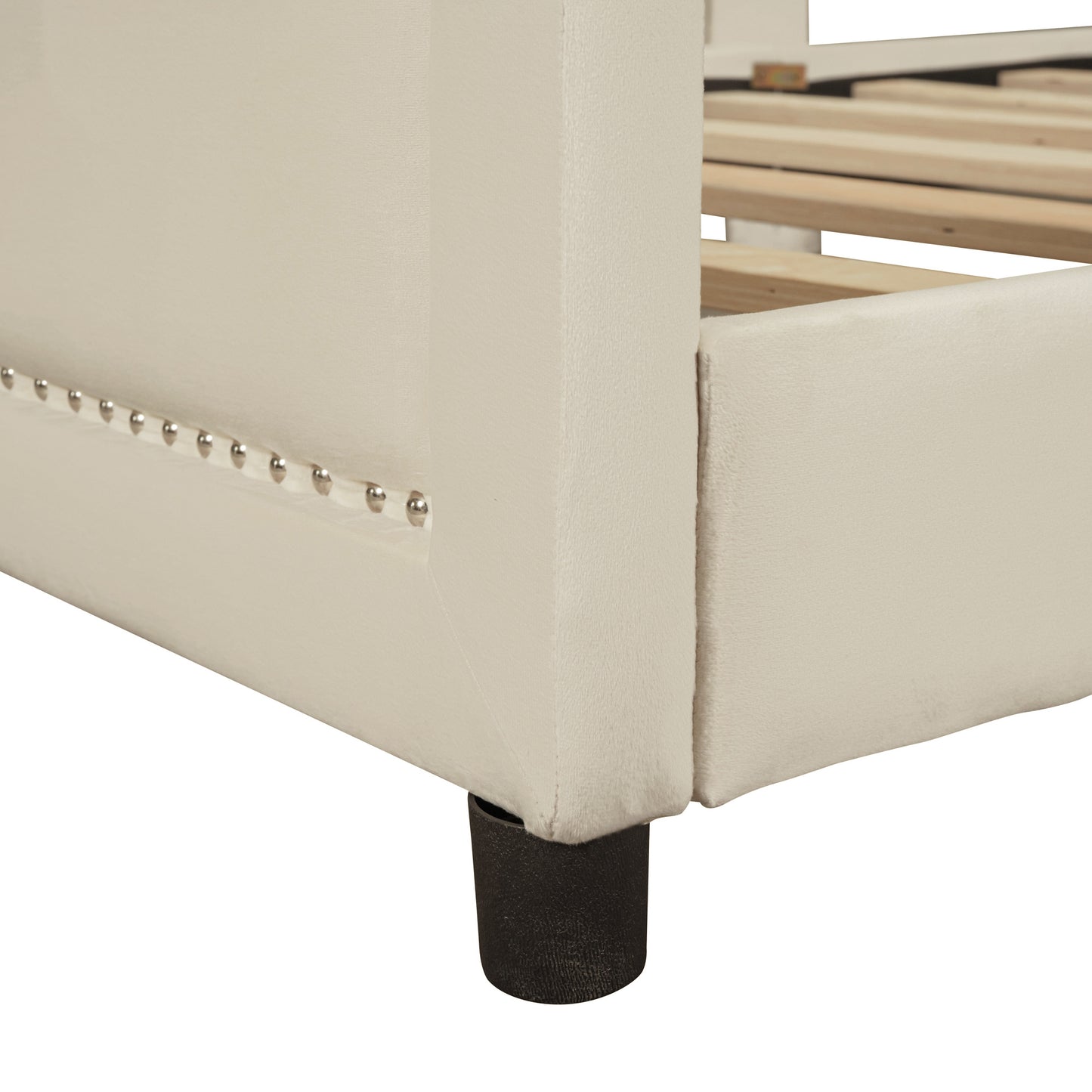 maya upholstered bed with classic stripe shaped headboard, beige
