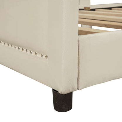 Maya Upholstered Bed with Classic Stripe Shaped Headboard, Beige