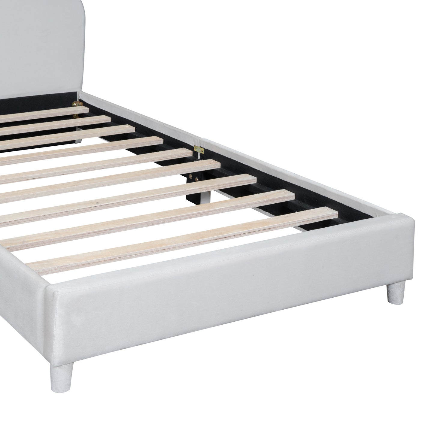 upholstered bed with bear ear shaped headboard, beige