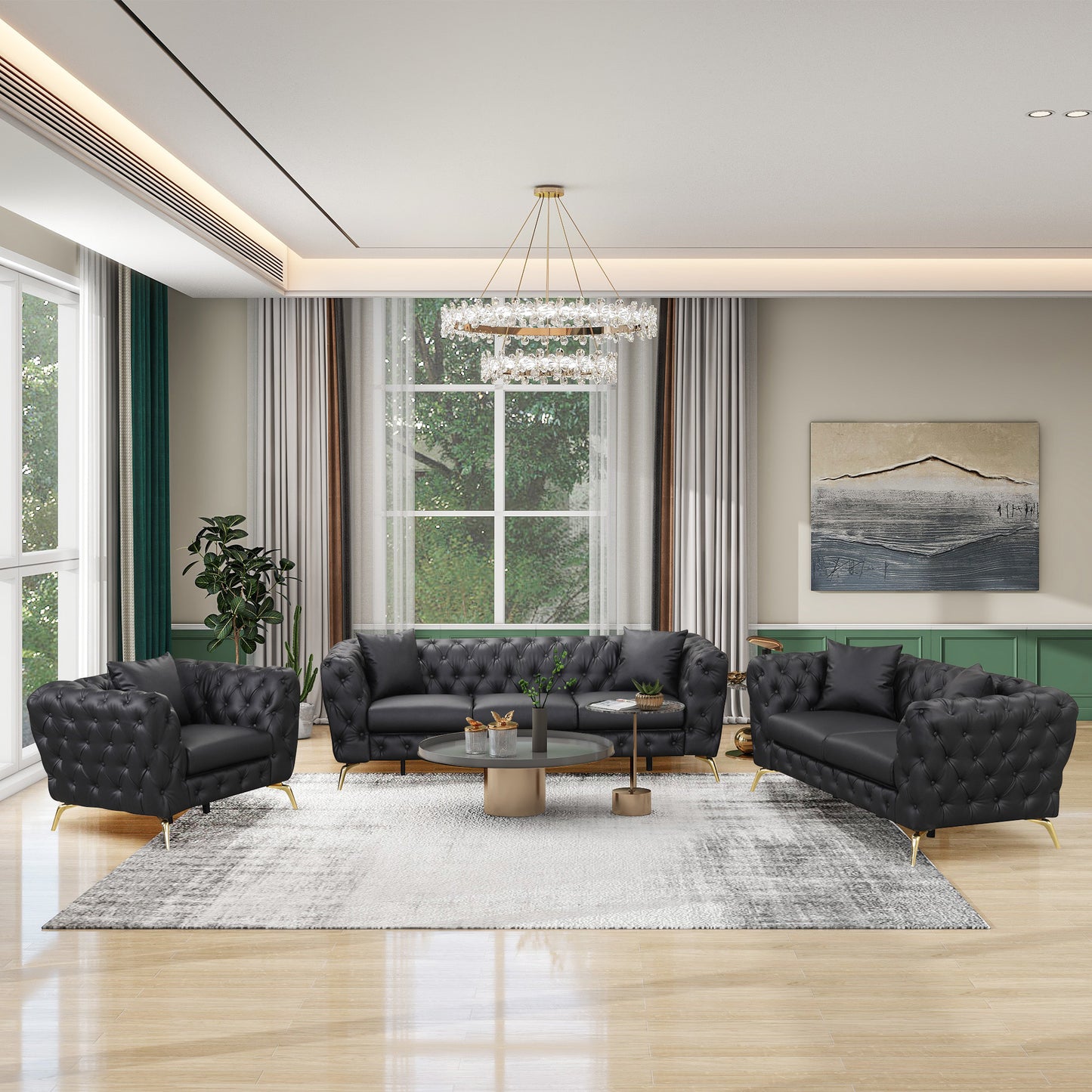 button tufted upholstered sofa, black