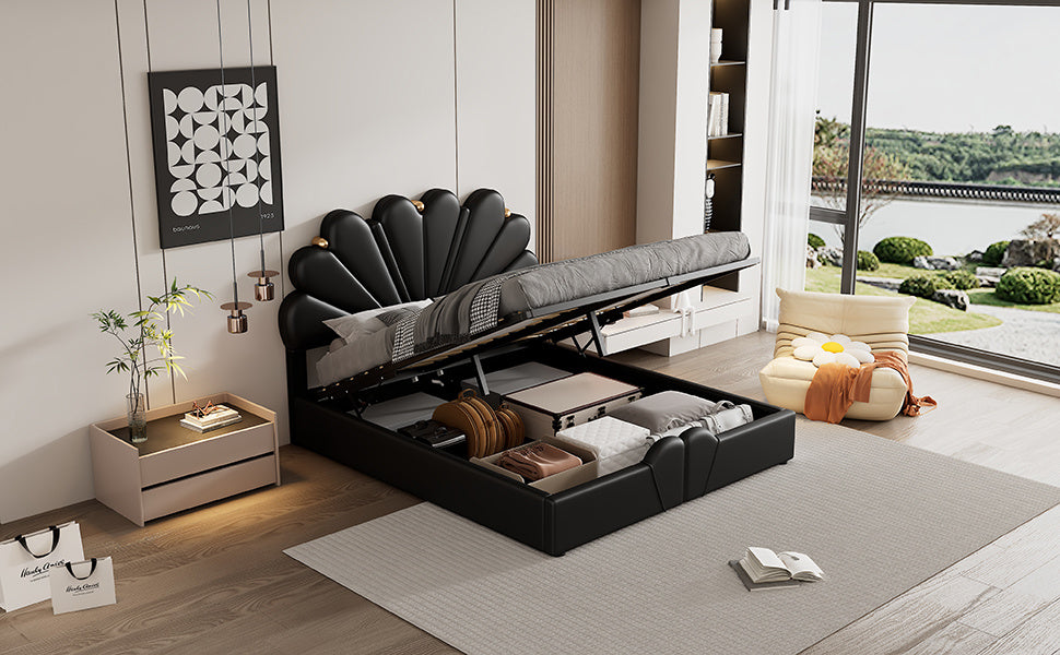 upholstered petal shaped platform bed with hydraulic storage system, pu storage bed, black