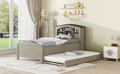 House-shaped Bed with Storage Headboard and Trundle, Gray