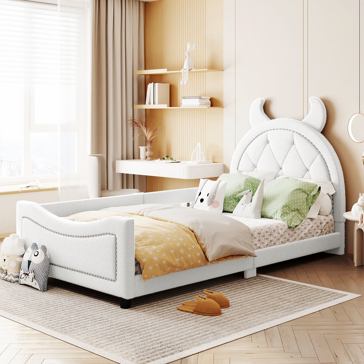 teddy fleece twin size upholstered daybed with ox horn shaped