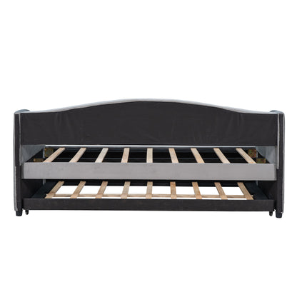 Upholstered Bed with Trundle Bed and Wood Slat ; Gray