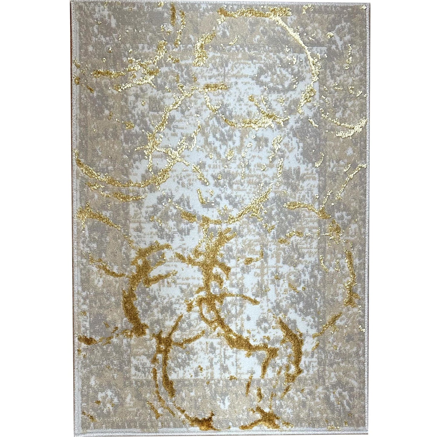 penina luxury area rug in beige and gray with gold circles abstract design