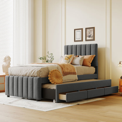 Dana Upholstered Platform Bed with Trundle and 3 Drawers, Gray