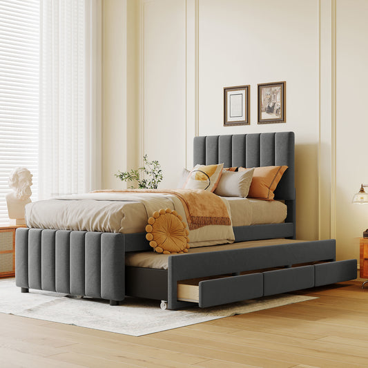 Dana Upholstered Platform Bed with Trundle and 3 Drawers, Gray