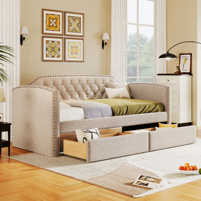 Kim Upholstered Bed with Drawers, Beige