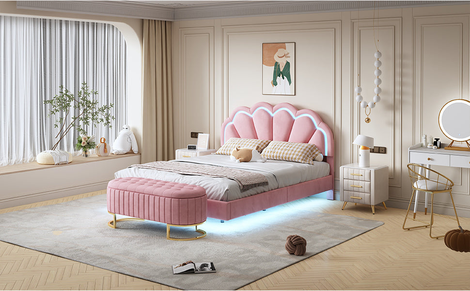 velvet upholstered led platform bed with storage ottoman, pink