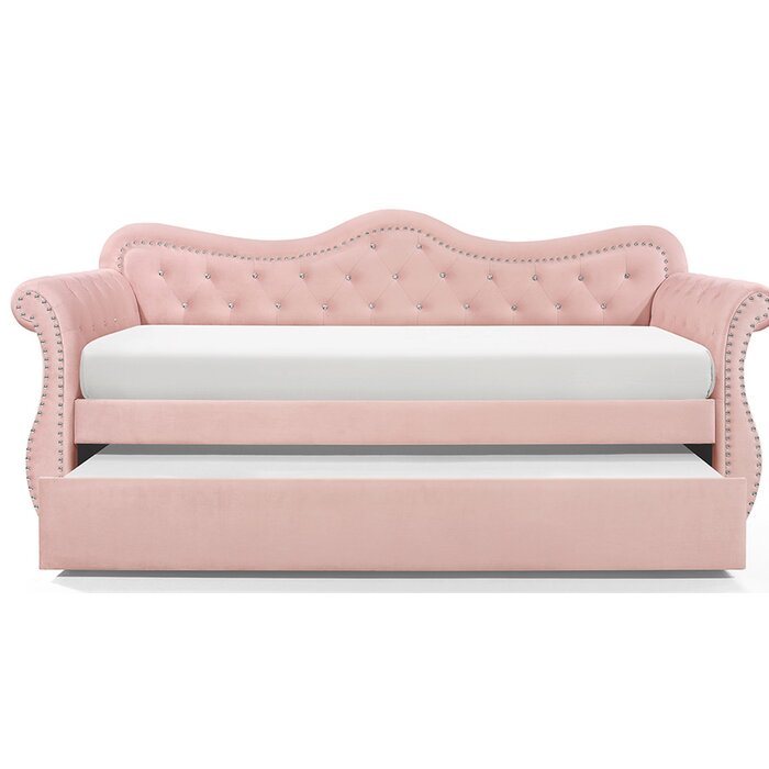 upholstered velvet wood daybed with trundle in pink