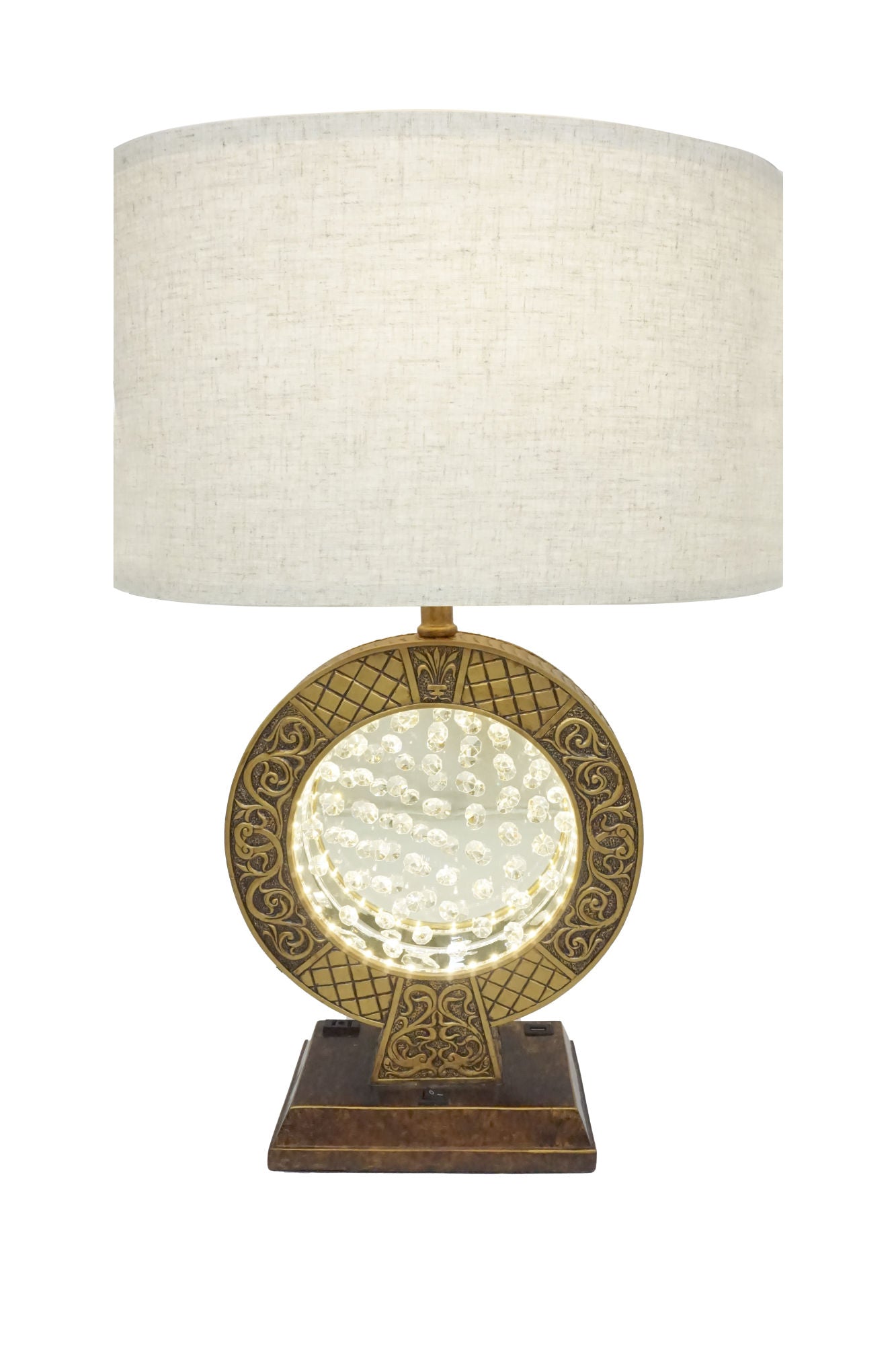 28" antique polyresin table lamp with floating crystal decor on center