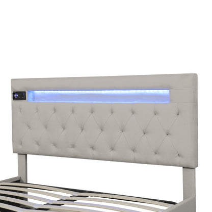 Upholstered Bed Featured with Bluetooth Audio, LED Light and USB Charging, Beige