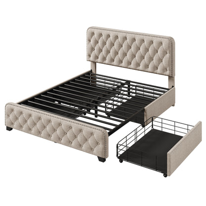 Upholstered Platform Bed Frame with Four Drawers, Beige