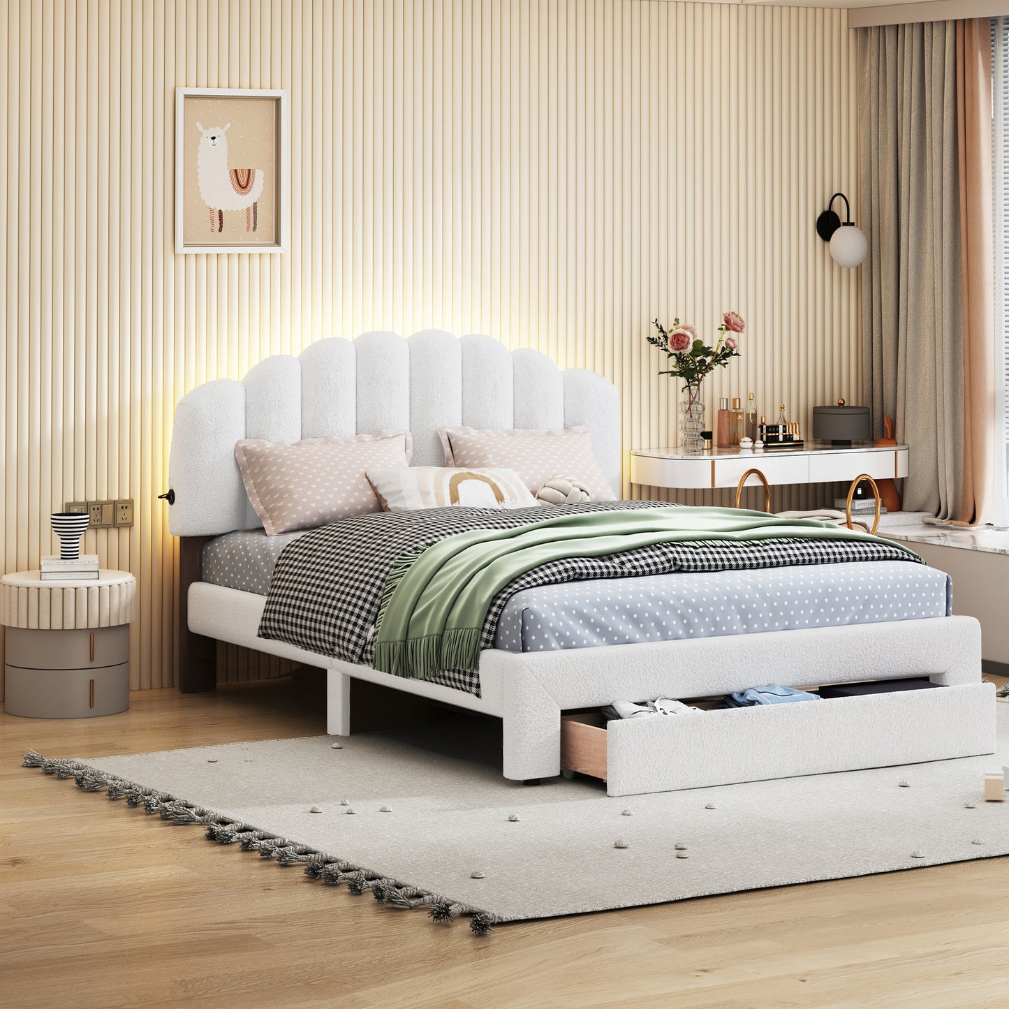 teddy fleece upholstered platform bed with drawer, white
