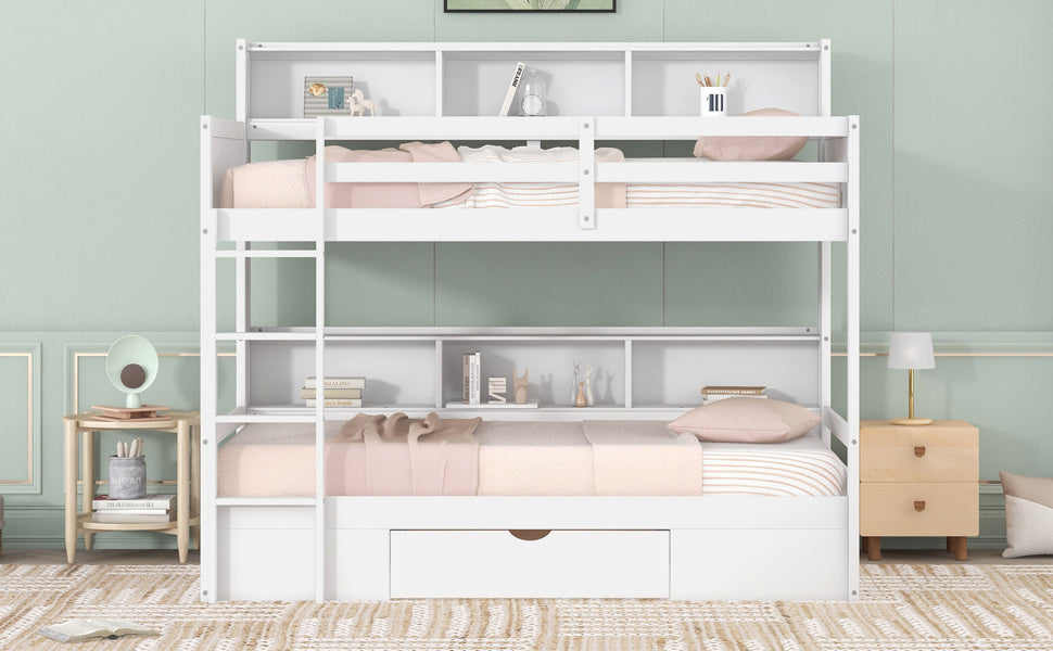 twin size bunk bed with built-in shelves, white