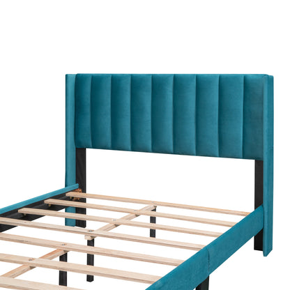 Danny Velvet Upholstered Platform Bed with a Big Drawer - Blue