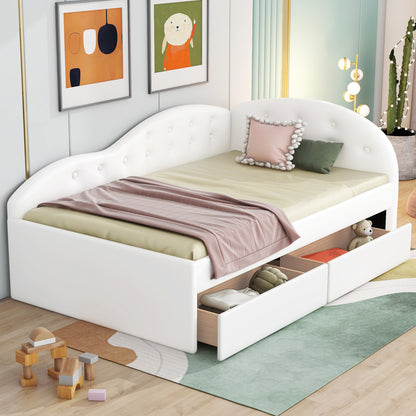 Upholstered Tufted Bed with Two Drawers and Cloud Shaped Guardrail, White