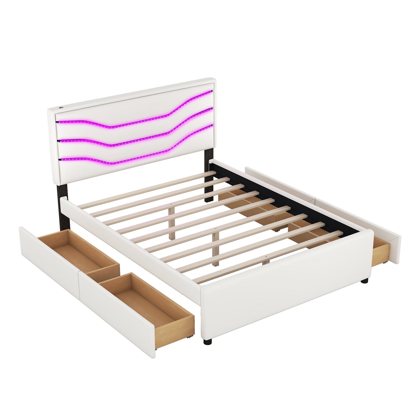 retro upholstered storage platform bed with led, 4 drawers and usb charging, white