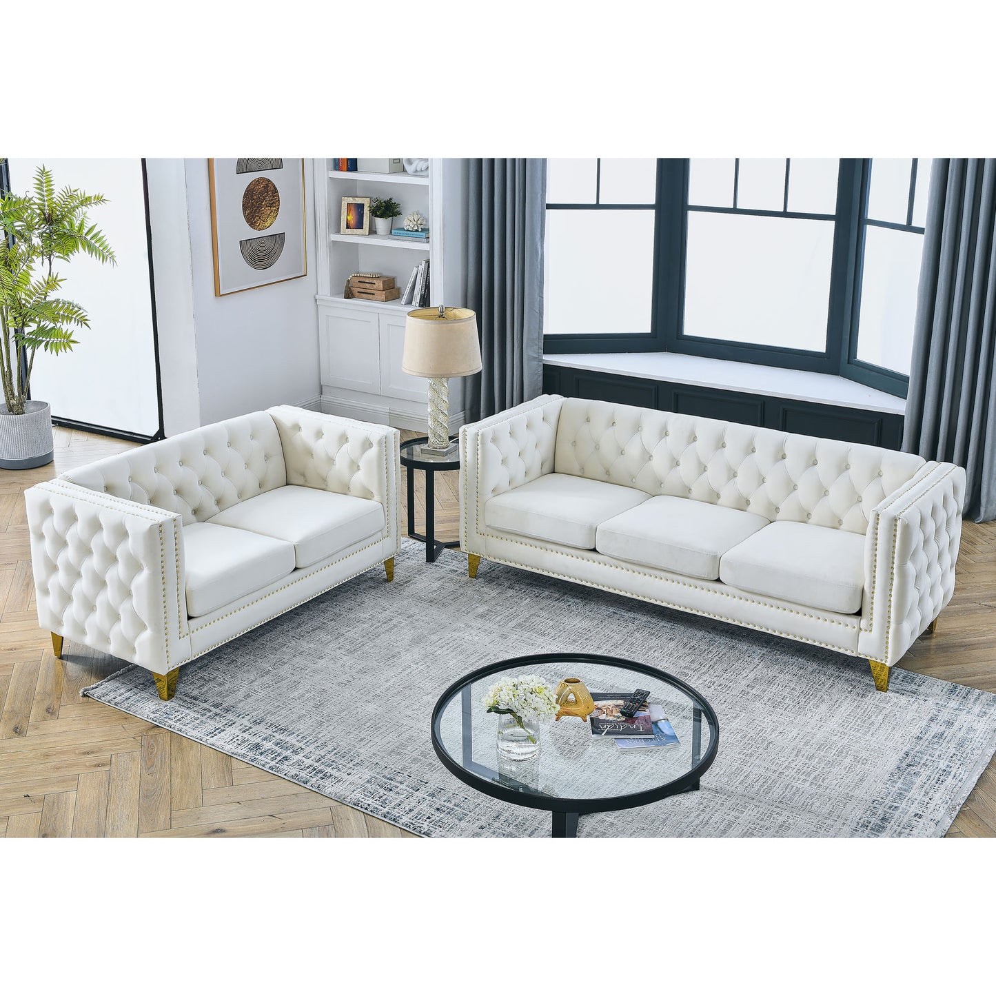 3-seater + 2-seater combination sofa, beige velvet