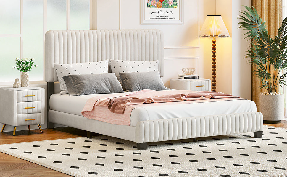 queen size upholstered platform bed, beige