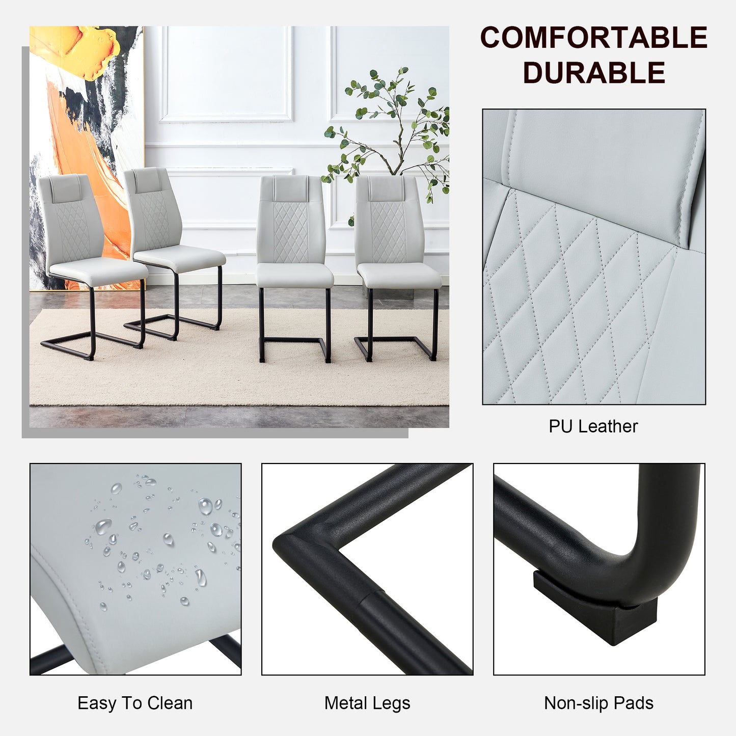 faux leather cushion chairs set of 4, light grey+pu leather