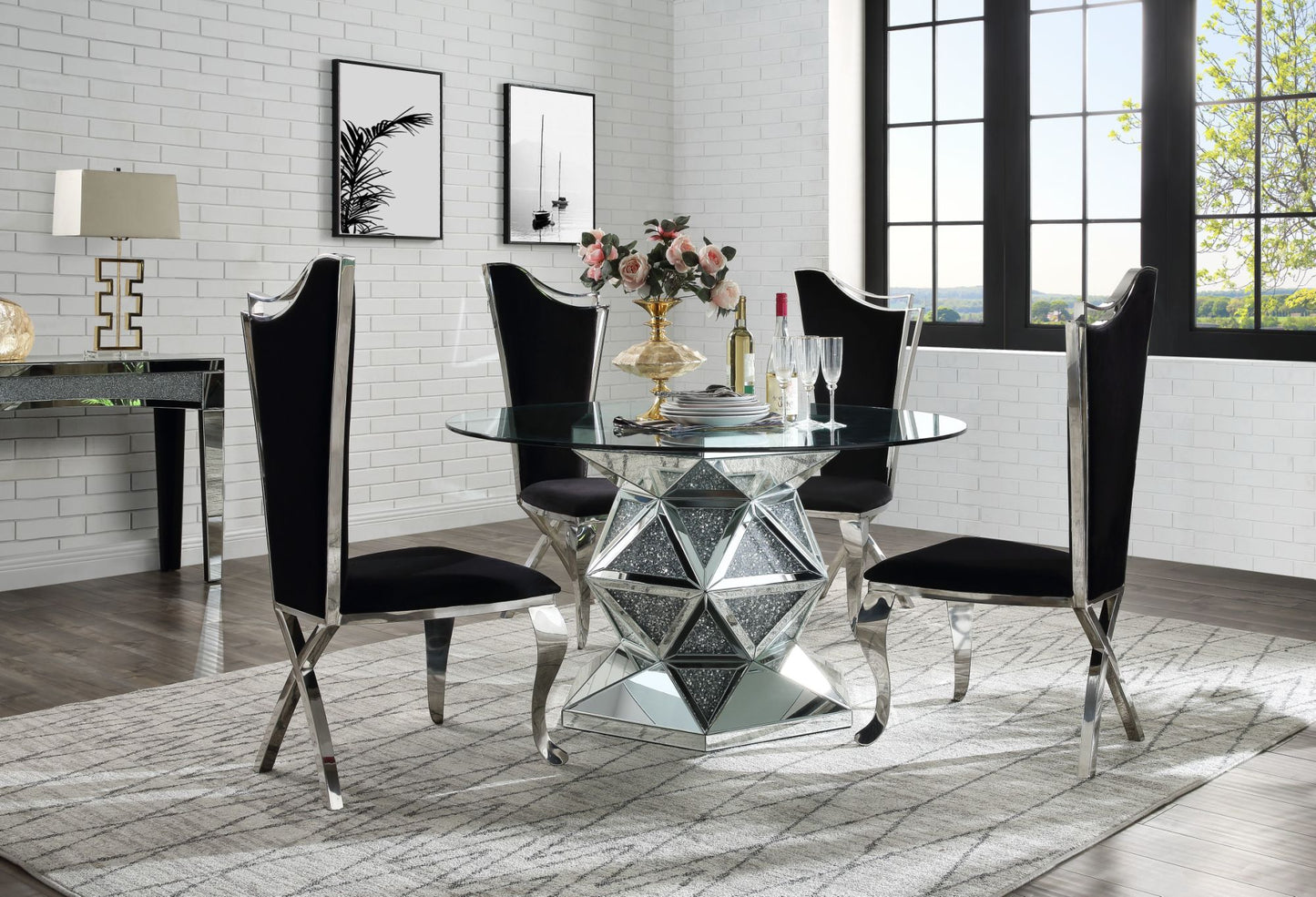 acme noralie dining table, mirrored & faux diamonds