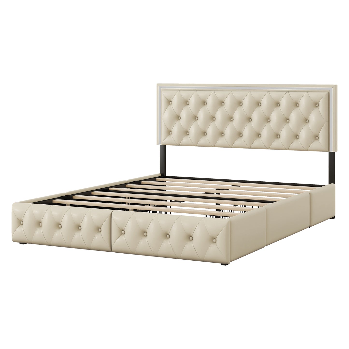 upholstered leather led headboard bed frame with 4 storage drawers, beige