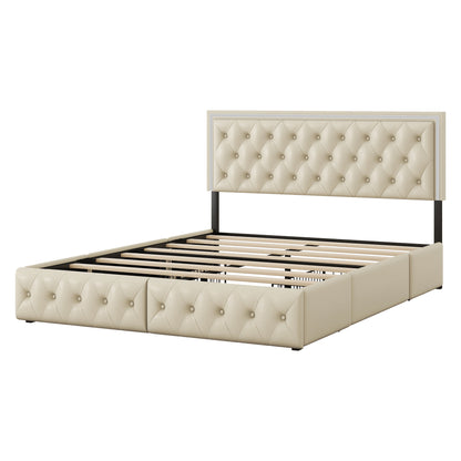 Upholstered Leather LED Headboard Bed Frame with 4 Storage Drawers, Beige