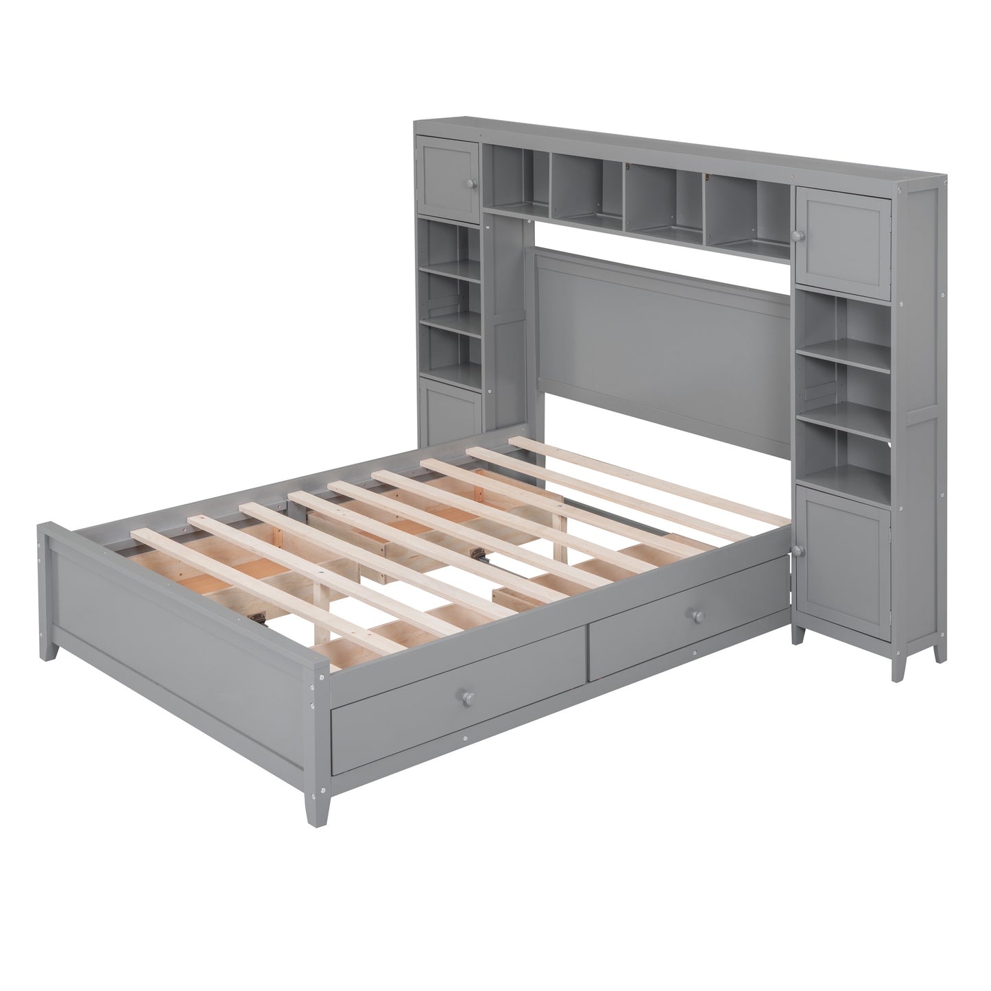 wooden bed with all-in-one cabinet and shelf